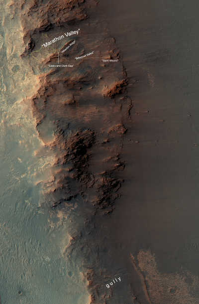 This map show a portion of Endeavour Crater's western rim that includes the "Marathon Valley" area investigated intensively by NASA's Mars Exploration Rover Opportunity in 2015 and 2016, and a fluid-carved gully that is a destination to the south for the mission. Credits: NASA/JPL-Caltech/Univ. of Arizona. nasamarsmarathonvalley