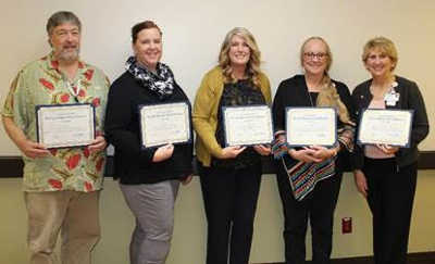 St. Helena Hospital Clear Lake nursing leaders, from left to right, are Al Hansen, director of Surgery and Women’s Care; Erin McNabb, director of Quality; Beth Brown, director of Emergency Department; and Shelley Whitehurst, director of ICU and MedSurg, celebrate the CALNOC awards with Vice President of Patient Care Colleen Assavapisitkul in October 2016. oct2016shhclnurseaward