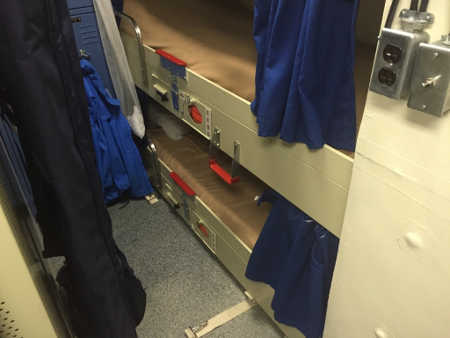 Crew bunks below decks on the USCGC Eagle. “I had to squish my shoulders together in order to turn to my side and squirm out of bed. But it was an awesome experience to work aside Coast Guard officers and cadets.” said Justin Hingston of Middletown, Calif. Photo by Justin Hingston. seascoutsuscgcbunks