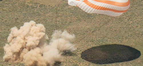 Expedition 47 Commander Tim Kopra of NASA, flight engineer Tim Peake of the European Space Agency and Soyuz Commander Yuri Malenchenko of Roscosmos touched down at 5:15 a.m. EDT on Saturday, June 18, 2016, southeast of the remote town of Dzhezkazgan in Kazakhstan. Credits: NASA TV. spacestationlanding